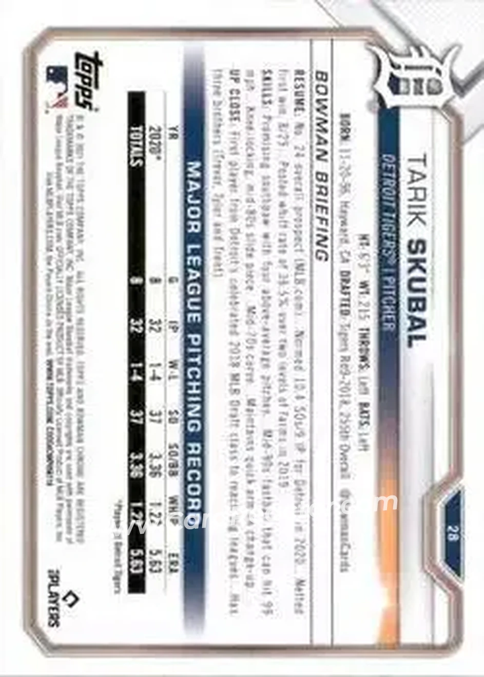 2021 Bowman Chrome Sapphire Edition #28 - Tarik Skubal - Detroit Tigers - Back