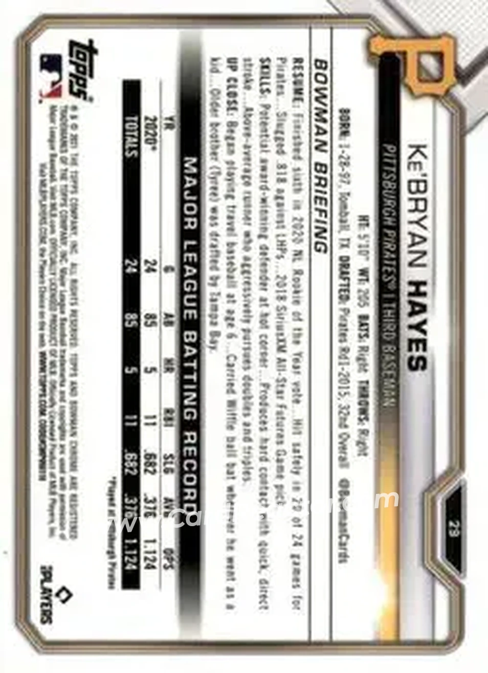 2021 Bowman Chrome Sapphire Edition #29 - Ke’Bryan Hayes - Pittsburgh Pirates - Back