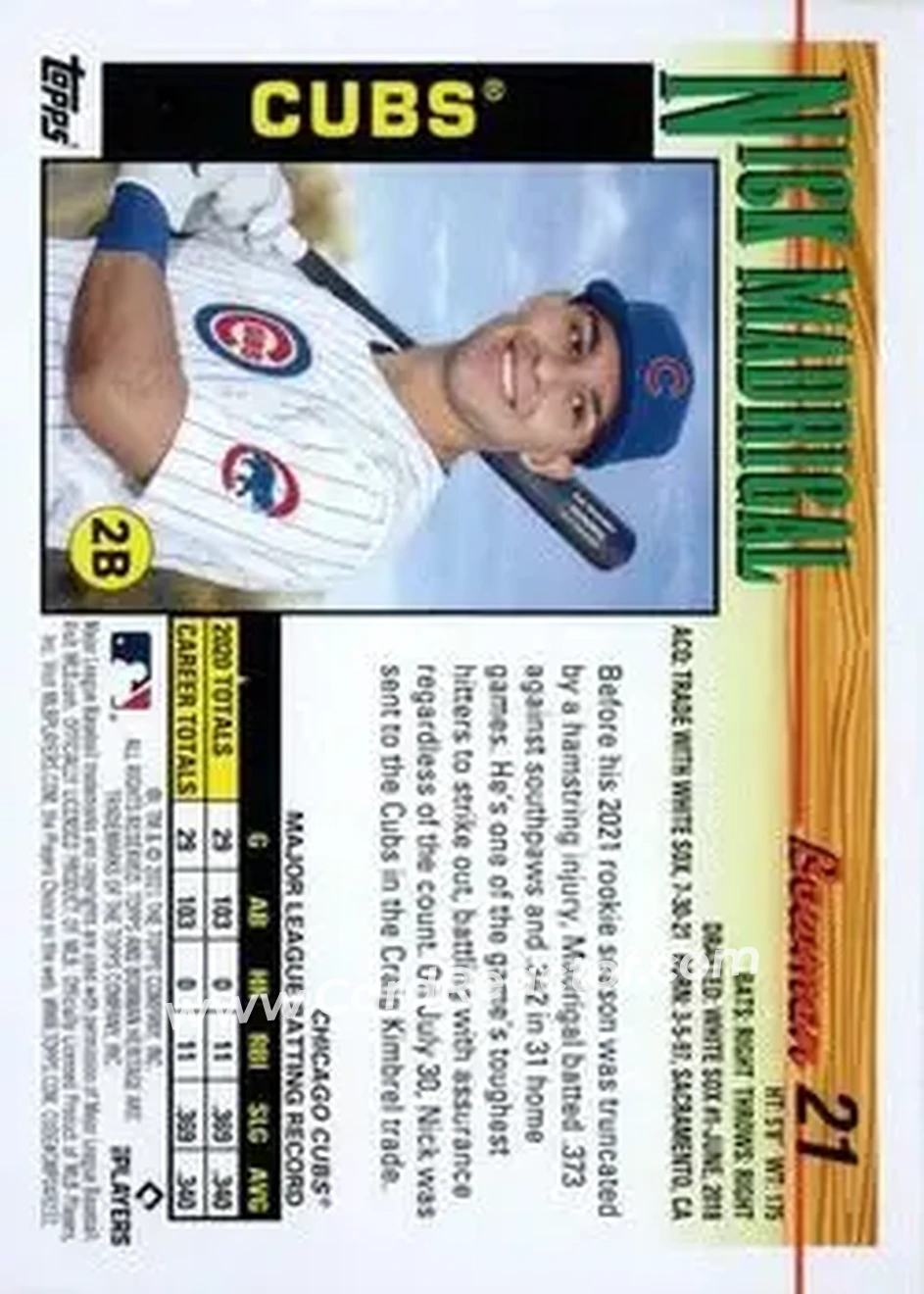 2021 Bowman Heritage #21 - Nick Madrigal - Chicago Cubs - Back