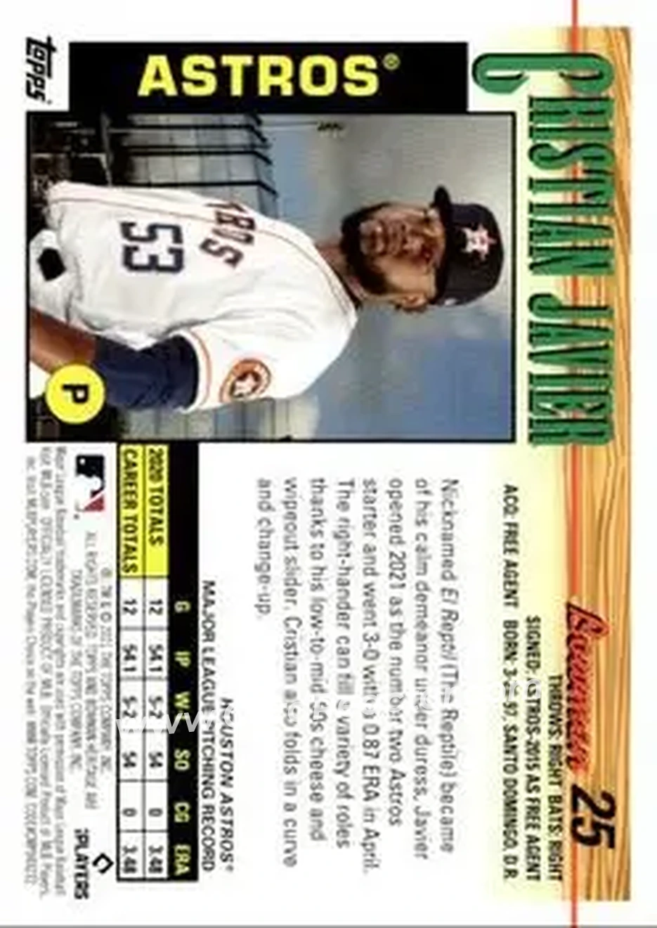 2021 Bowman Heritage #25 - Cristian Javier - Houston Astros - Back
