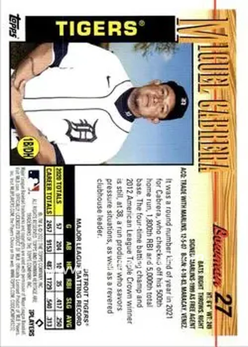 2021 Bowman Heritage #27 - Miguel Cabrera - Detroit Tigers - Back
