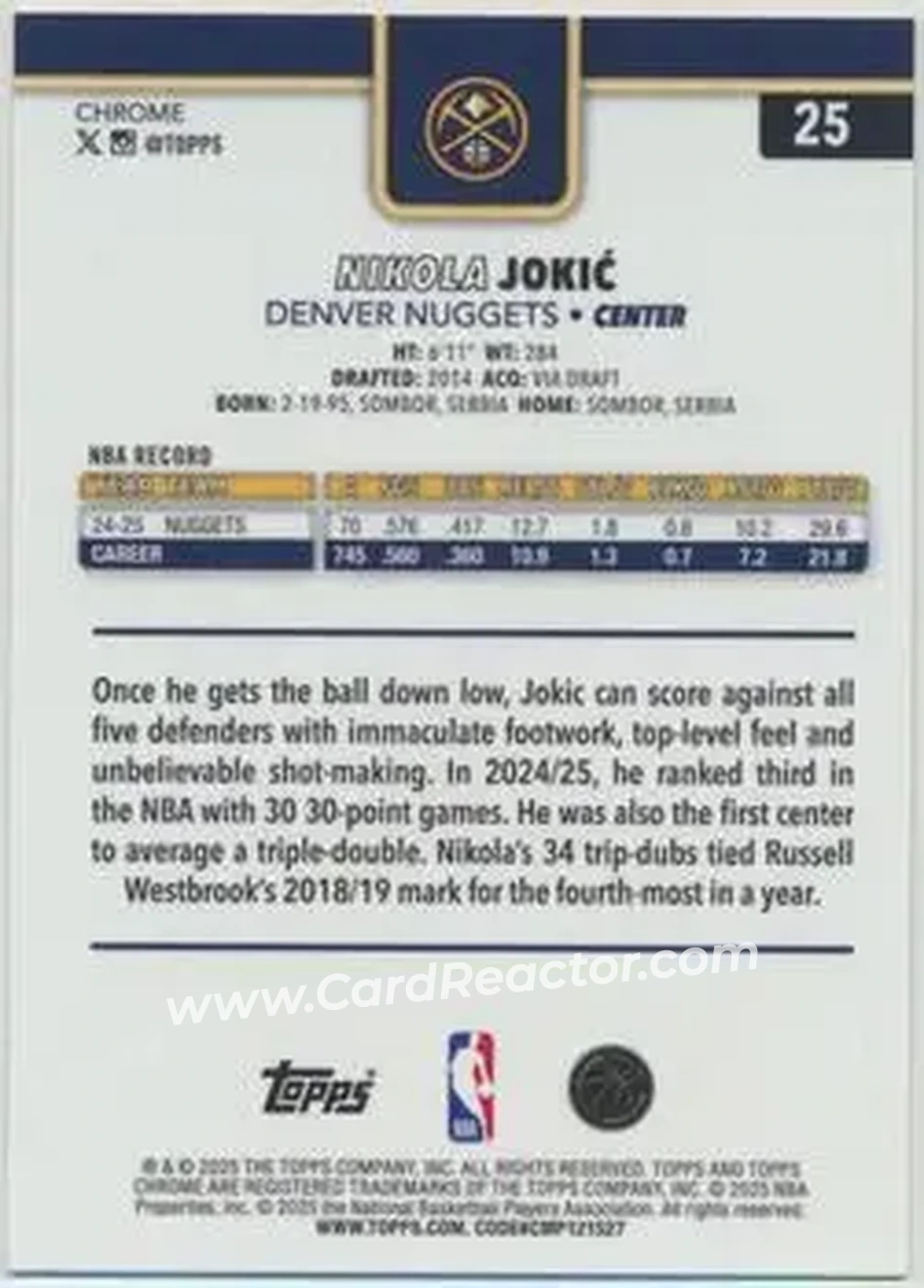 2025-26 Topps Chrome Sapphire Edition #25 - Nikola Jokić - Denver Nuggets - Back