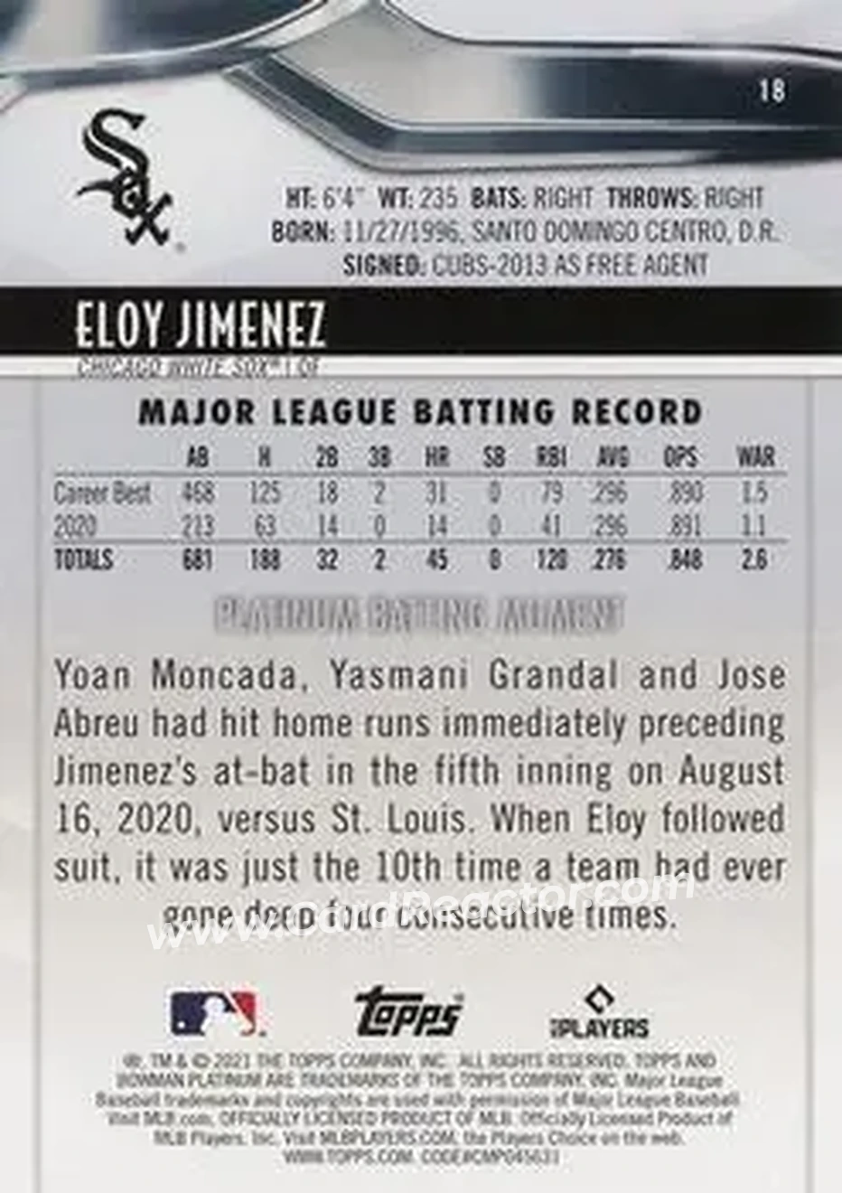 2021 Bowman Platinum #18 - Eloy Jiménez - Chicago White Sox - Back