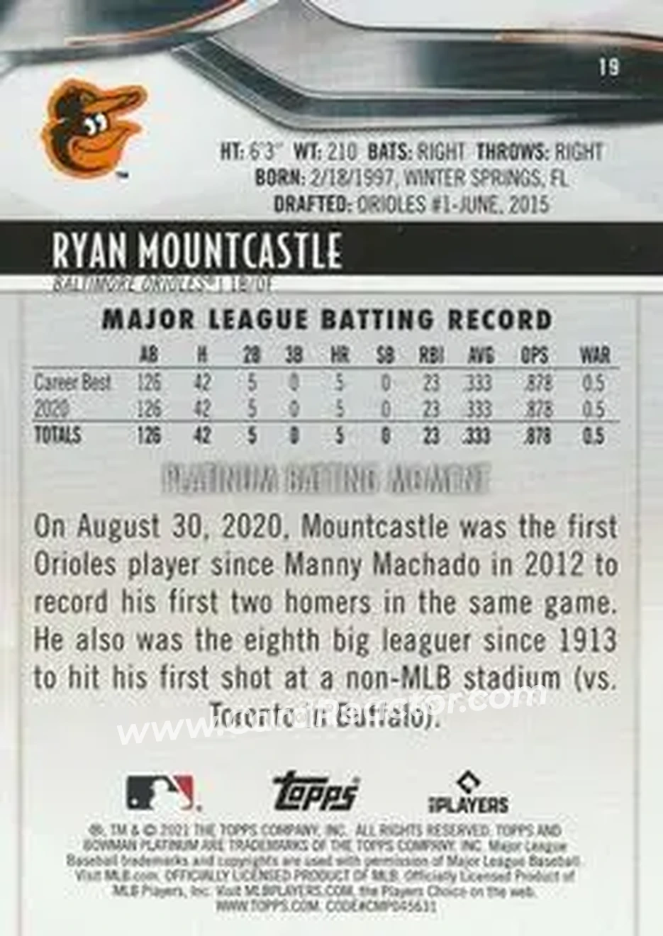 2021 Bowman Platinum #19 - Ryan Mountcastle - Baltimore Orioles - Back