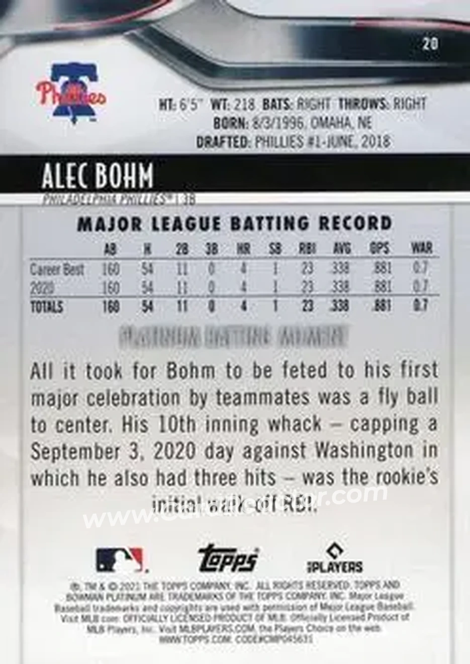 2021 Bowman Platinum #20 - Alec Bohm - Philadelphia Phillies - Back
