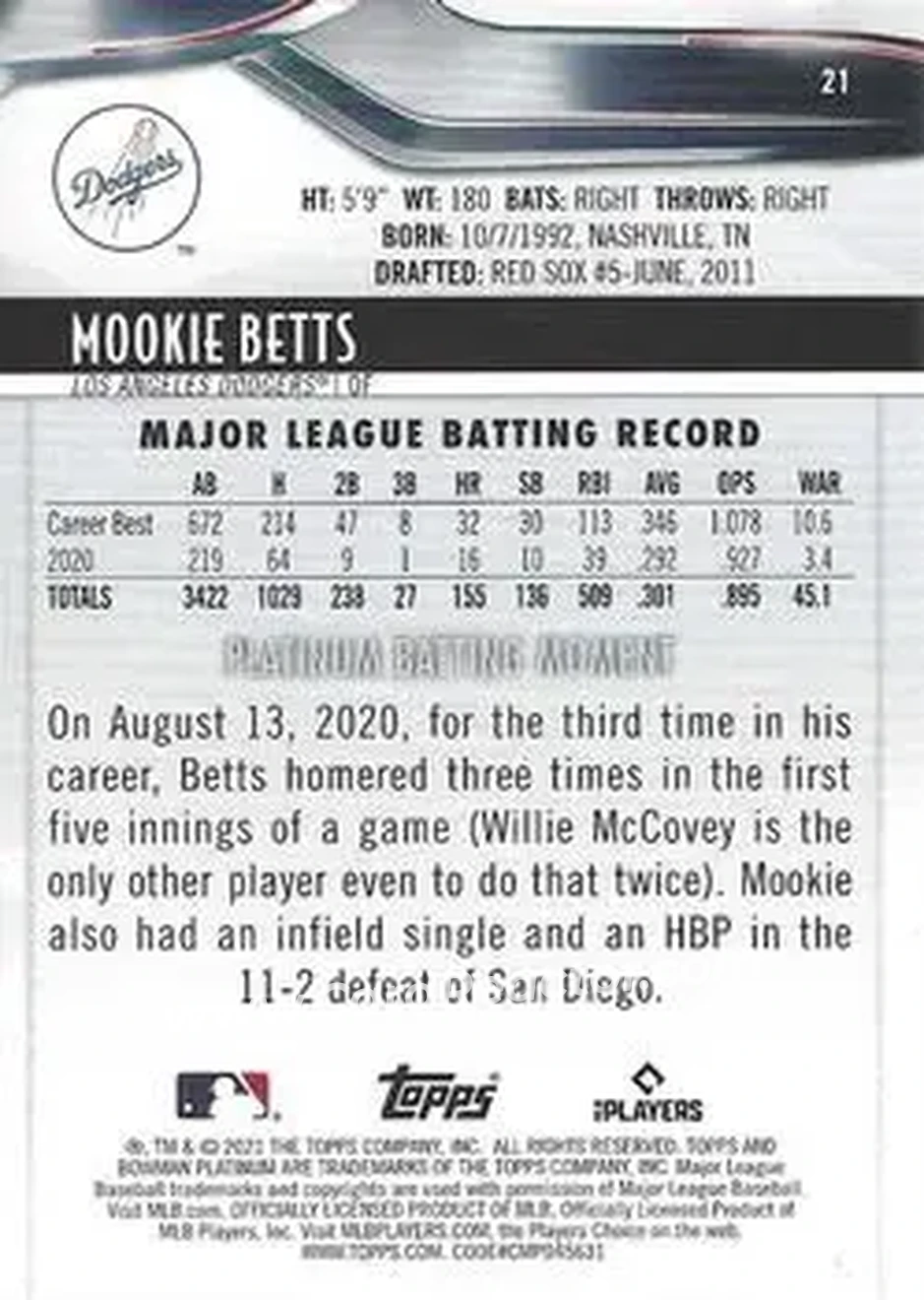 2021 Bowman Platinum #21 - Mookie Betts - Los Angeles Dodgers - Back