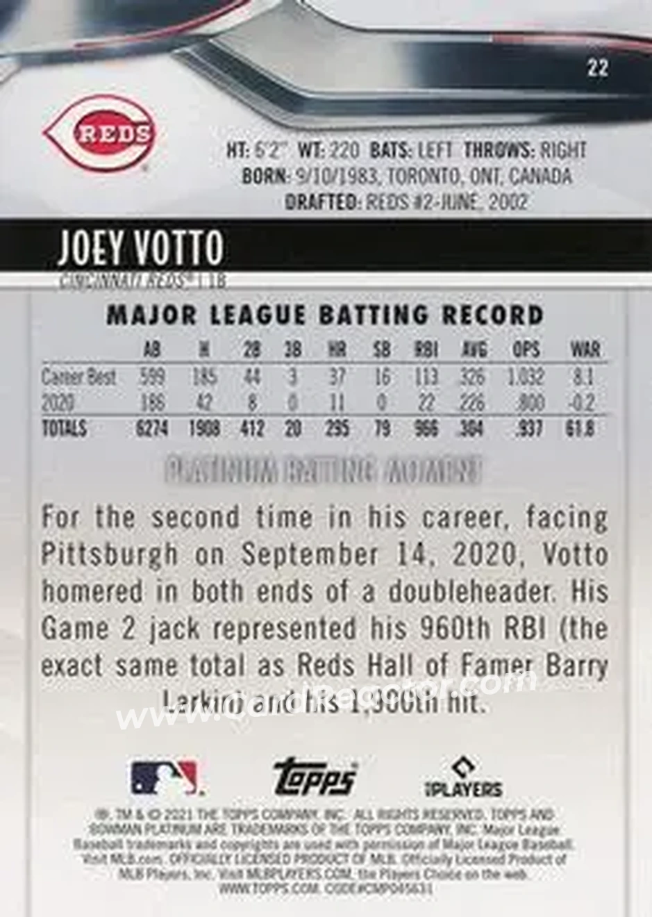 2021 Bowman Platinum #22 - Joey Votto - Cincinnati Reds - Back