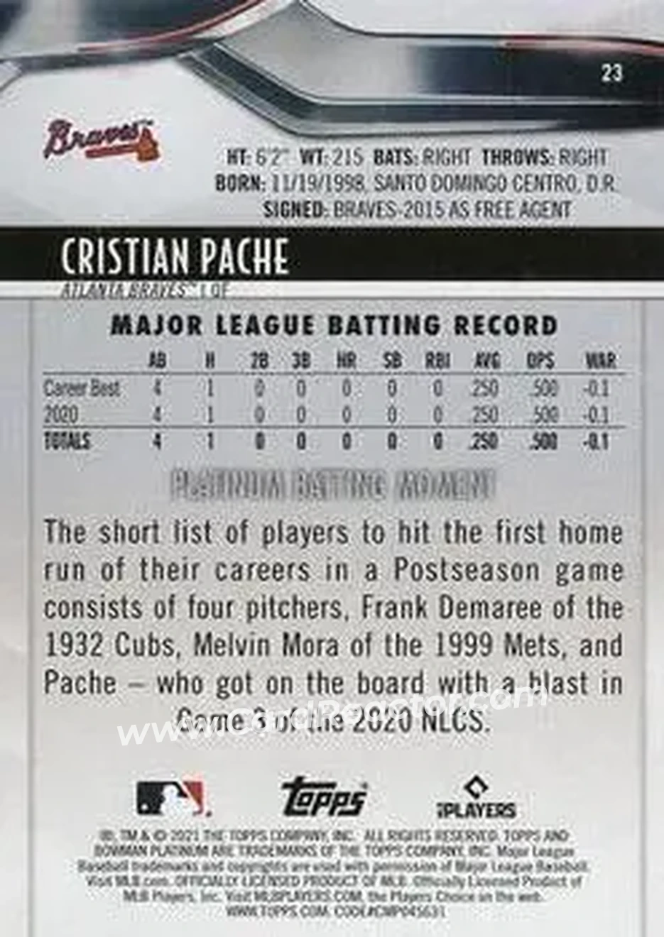 2021 Bowman Platinum #23 - Cristian Pache - Atlanta Braves - Back
