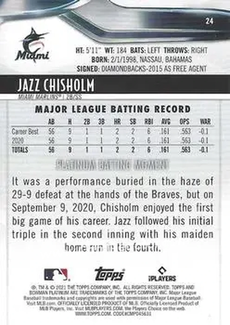 2021 Bowman Platinum #24 - Jazz Chisholm Jr. - Miami Marlins - Back 2021 Bowman Platinum #24 - Jazz Chisholm Jr. - Miami Marlins - Back