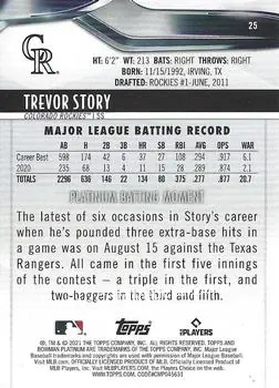 2021 Bowman Platinum #25 - Trevor Story - Colorado Rockies - Back 2021 Bowman Platinum #25 - Trevor Story - Colorado Rockies - Back
