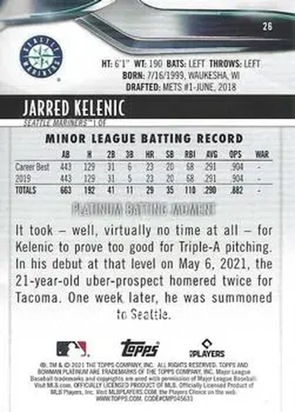 2021 Bowman Platinum #26 - Jarred Kelenic - Seattle Mariners - Back
