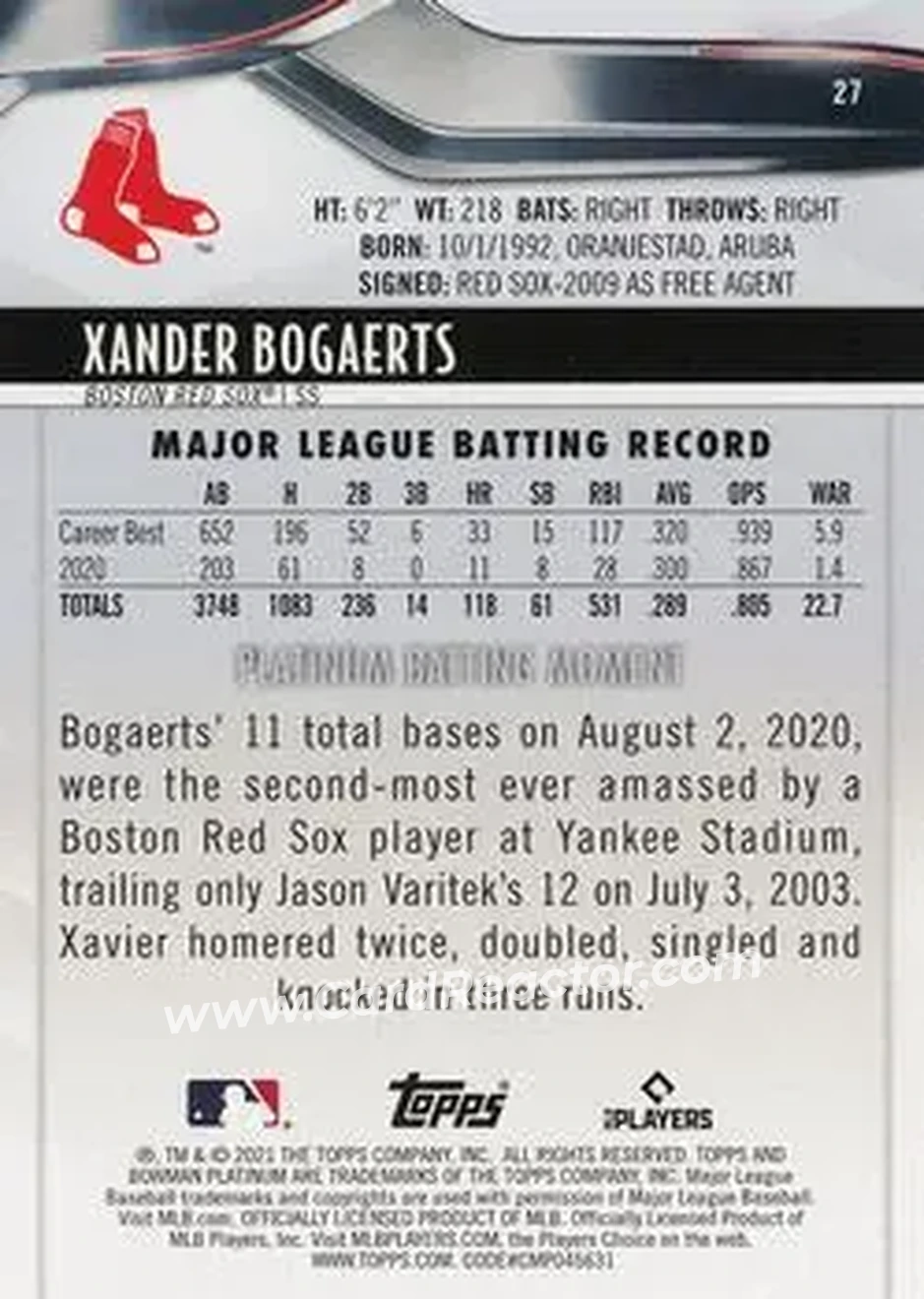 2021 Bowman Platinum #27 - Xander Bogaerts - Boston Red Sox - Back 2021 Bowman Platinum #27 - Xander Bogaerts - Boston Red Sox - Back