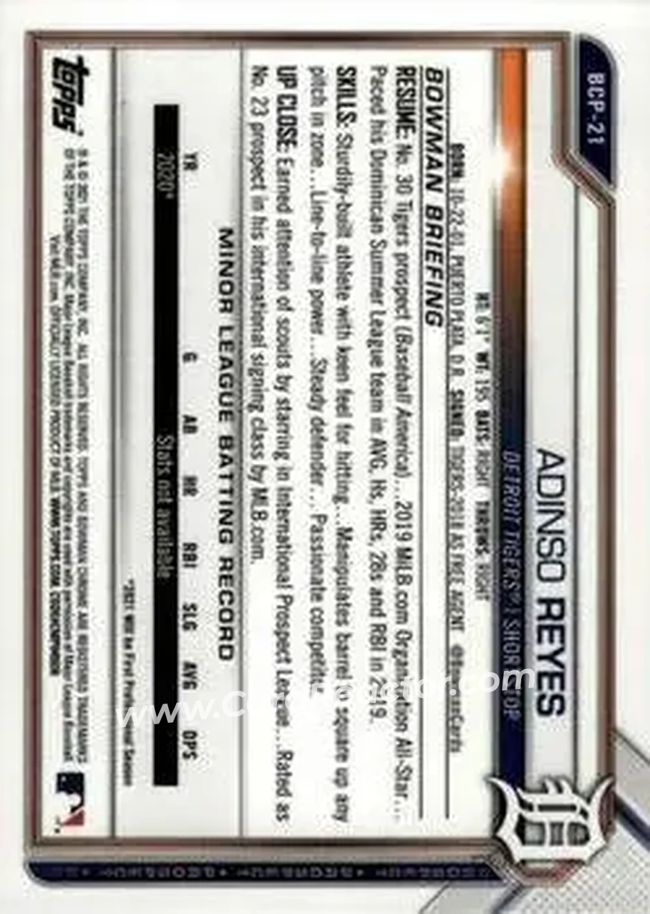 2021 Bowman Sapphire Edition #BCP-21 - Adinso Reyes - Detroit Tigers - Back