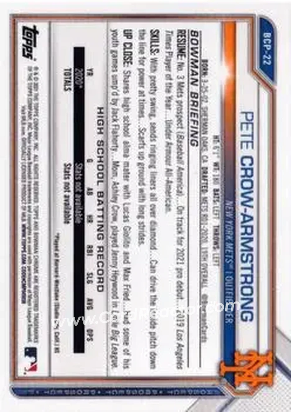 2021 Bowman Sapphire Edition #BCP-22 - Pete Crow-Armstrong - New York Mets - Back