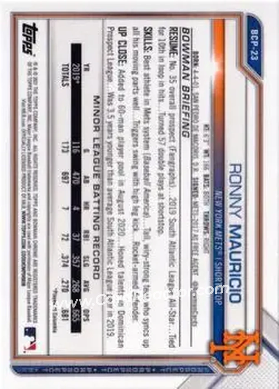 2021 Bowman Sapphire Edition #BCP-23 - Ronny Mauricio - New York Mets - Back
