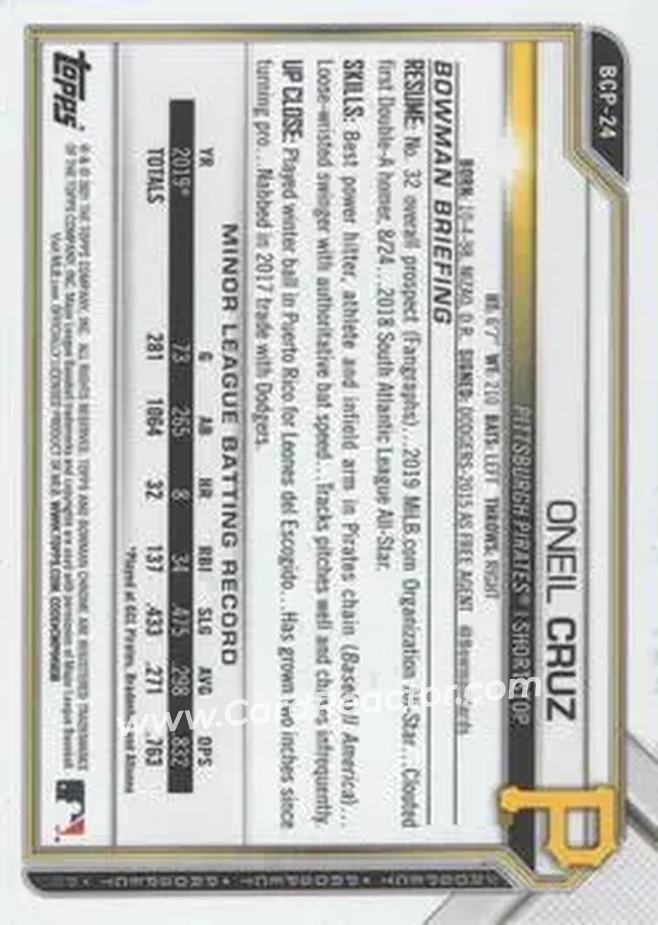 2021 Bowman Sapphire Edition #BCP-24 - Oneil Cruz - Pittsburgh Pirates - Back