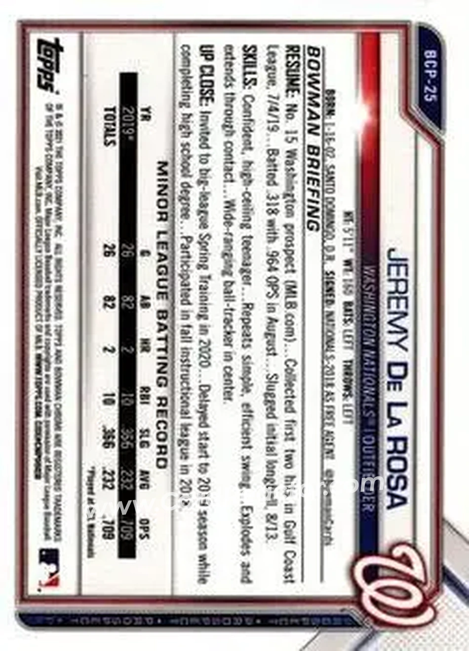 2021 Bowman Sapphire Edition #BCP-25 - Jeremy De La Rosa - Washington Nationals - Back
