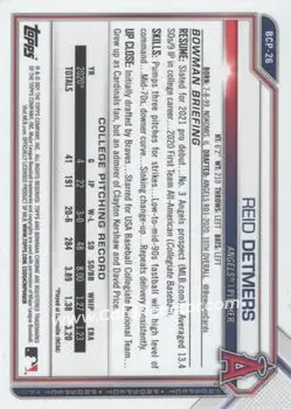 2021 Bowman Sapphire Edition #BCP-26 - Reid Detmers - Los Angeles Angels - Back