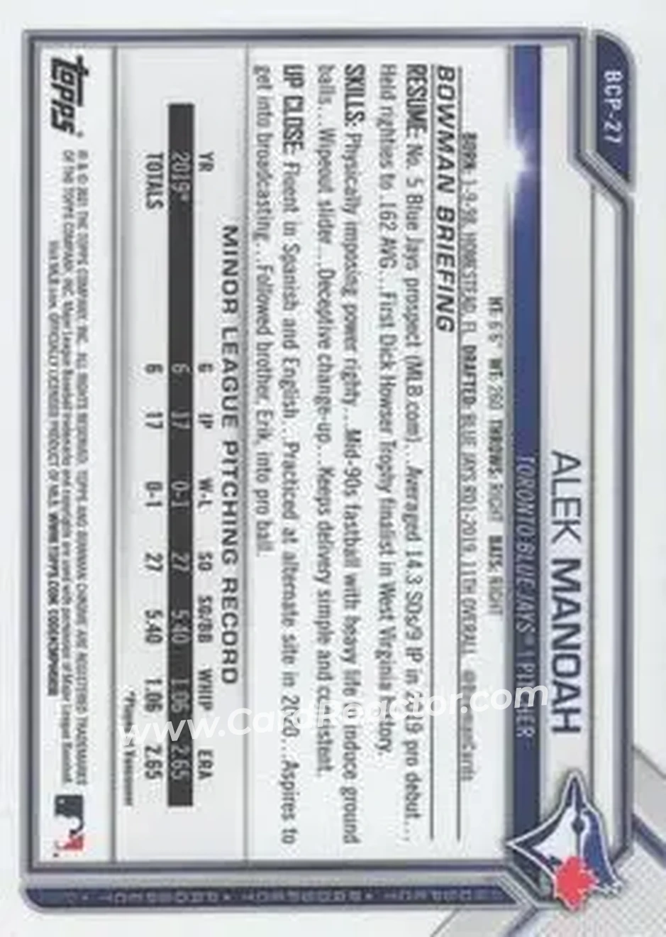 2021 Bowman Sapphire Edition #BCP-27 - Alek Manoah - Toronto Blue Jays - Back 2021 Bowman Sapphire Edition #BCP-27 - Alek Manoah - Toronto Blue Jays - Back