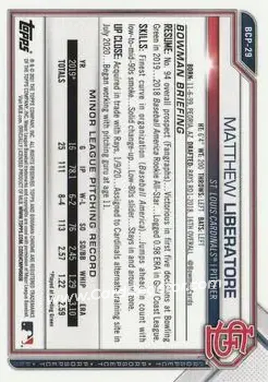 2021 Bowman Sapphire Edition #BCP-29 - Matthew Liberatore - St. Louis Cardinals - Back