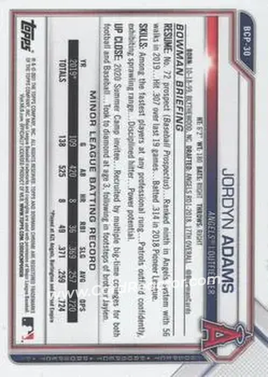 2021 Bowman Sapphire Edition #BCP-30 - Jordyn Adams - Los Angeles Angels - Back