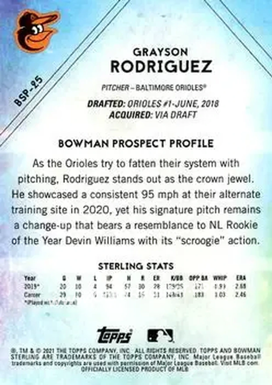 2021 Bowman Sterling #BSP-25 - Grayson Rodriguez - Baltimore Orioles - Back 2021 Bowman Sterling #BSP-25 - Grayson Rodriguez - Baltimore Orioles - Back