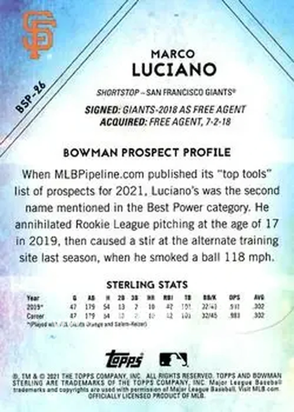 2021 Bowman Sterling #BSP-26 - Marco Luciano - San Francisco Giants - Back