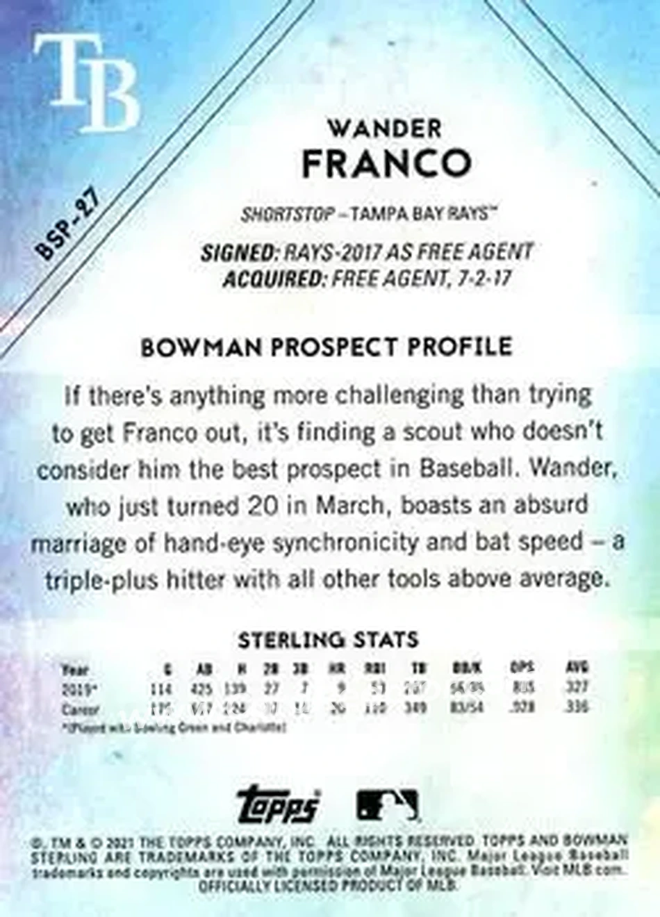 2021 Bowman Sterling #BSP-27 - Wander Franco - Tampa Bay Rays - Back 2021 Bowman Sterling #BSP-27 - Wander Franco - Tampa Bay Rays - Back