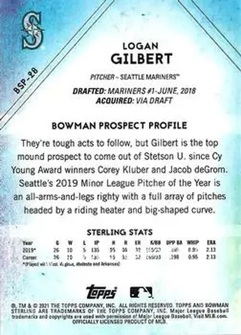 2021 Bowman Sterling #BSP-28 - Logan Gilbert - Seattle Mariners - Back