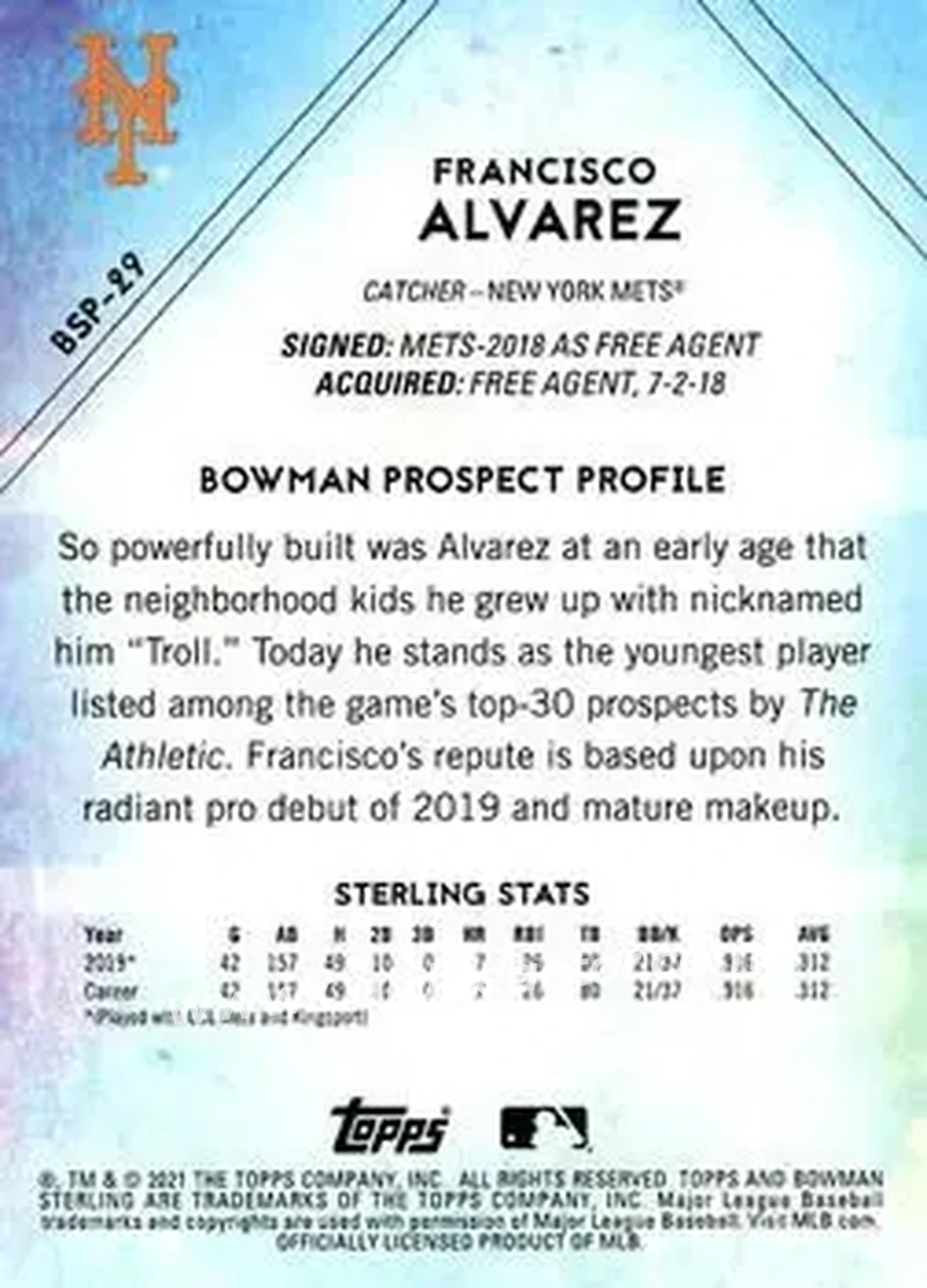 2021 Bowman Sterling #BSP-29 - Francisco Alvarez - New York Mets - Back