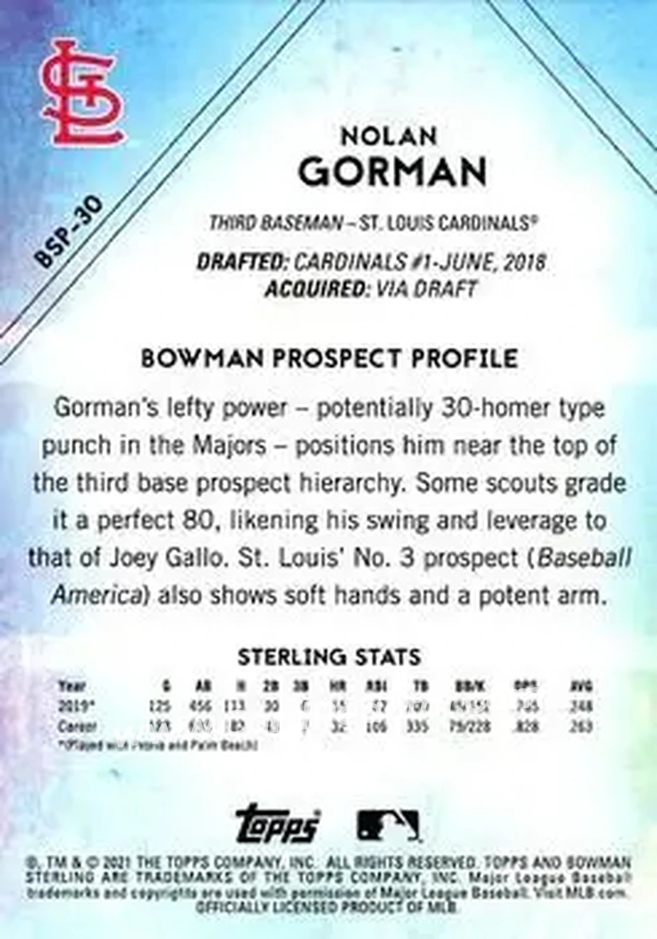 2021 Bowman Sterling #BSP-30 - Nolan Gorman - St. Louis Cardinals - Back