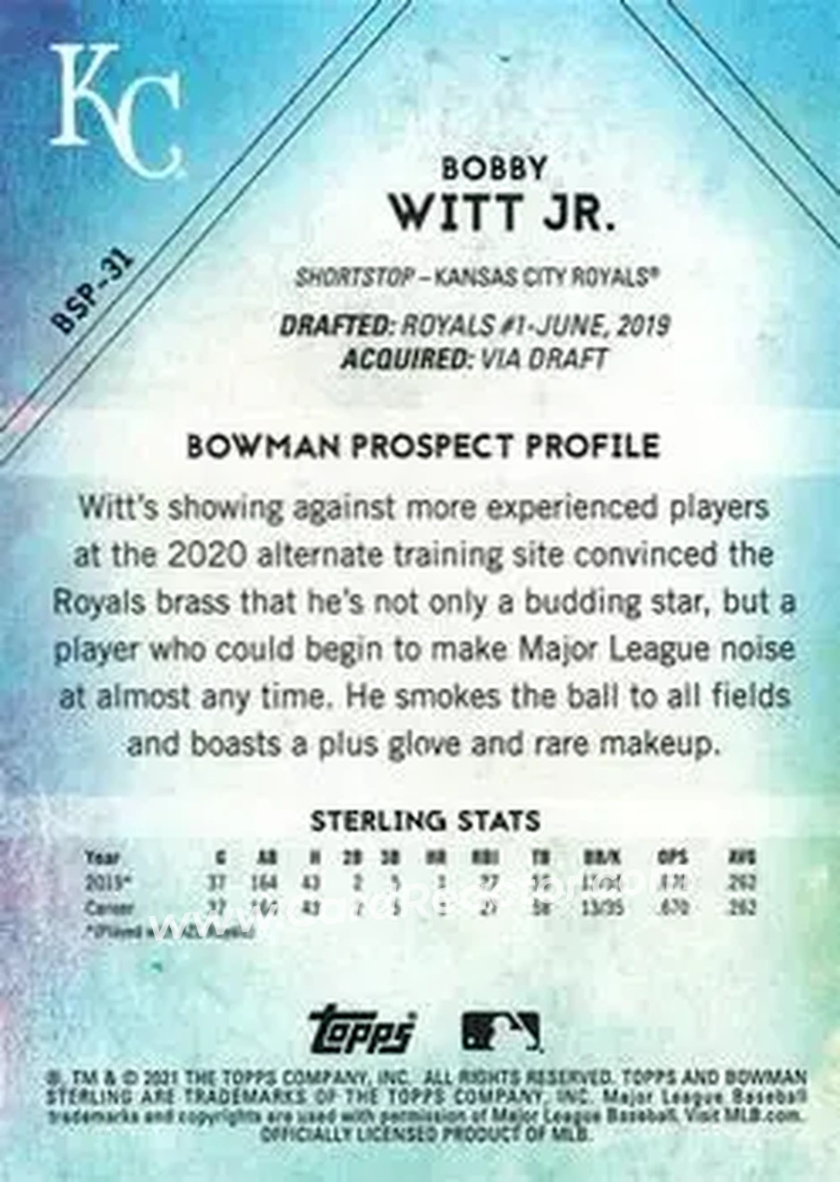 2021 Bowman Sterling #BSP-31 - Bobby Witt Jr. - Kansas City Royals - Back 2021 Bowman Sterling #BSP-31 - Bobby Witt Jr. - Kansas City Royals - Back