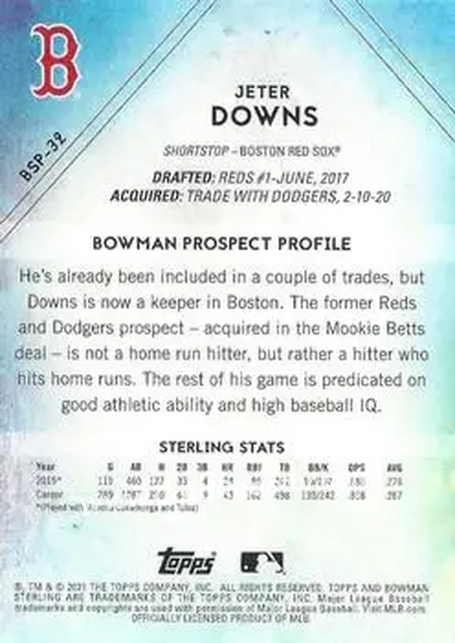 2021 Bowman Sterling #BSP-32 - Jeter Downs - Boston Red Sox - Back