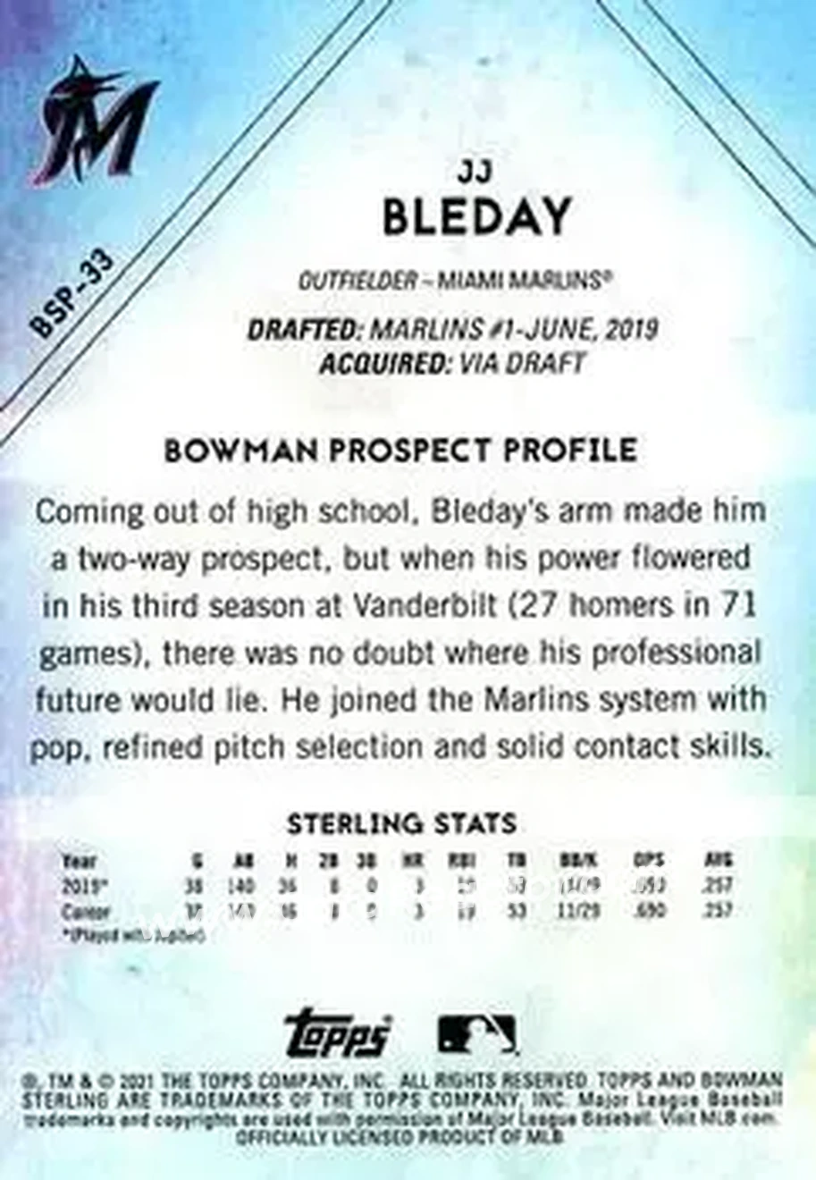 2021 Bowman Sterling #BSP-33 - JJ Bleday - Miami Marlins - Back