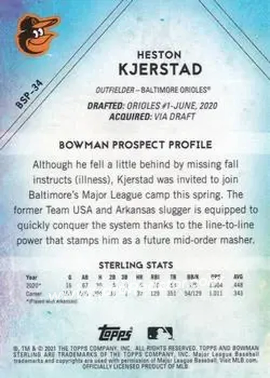 2021 Bowman Sterling #BSP-34 - Heston Kjerstad - Baltimore Orioles - Back