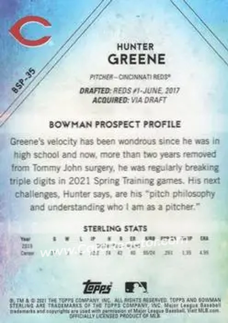 2021 Bowman Sterling #BSP-35 - Hunter Greene - Cincinnati Reds - Back 2021 Bowman Sterling #BSP-35 - Hunter Greene - Cincinnati Reds - Back