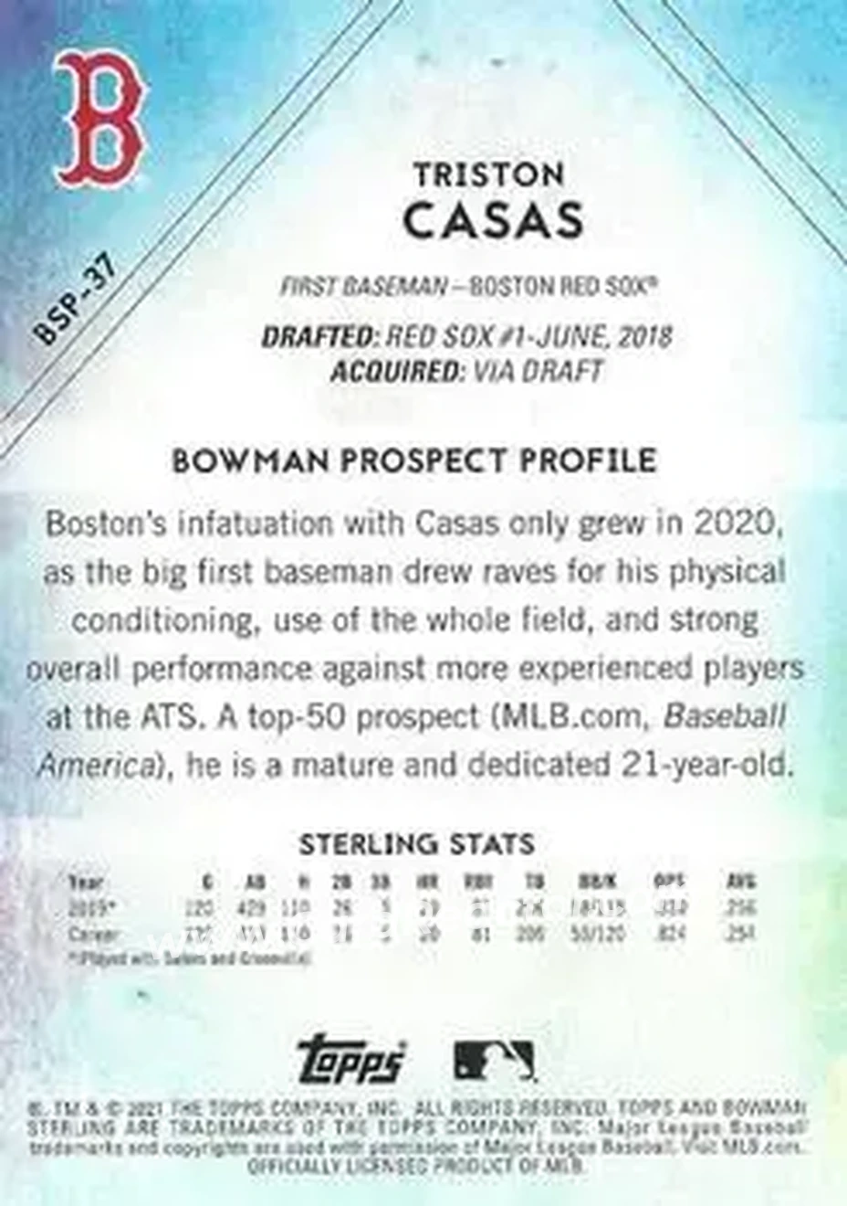 2021 Bowman Sterling #BSP-37 - Triston Casas - Boston Red Sox - Back