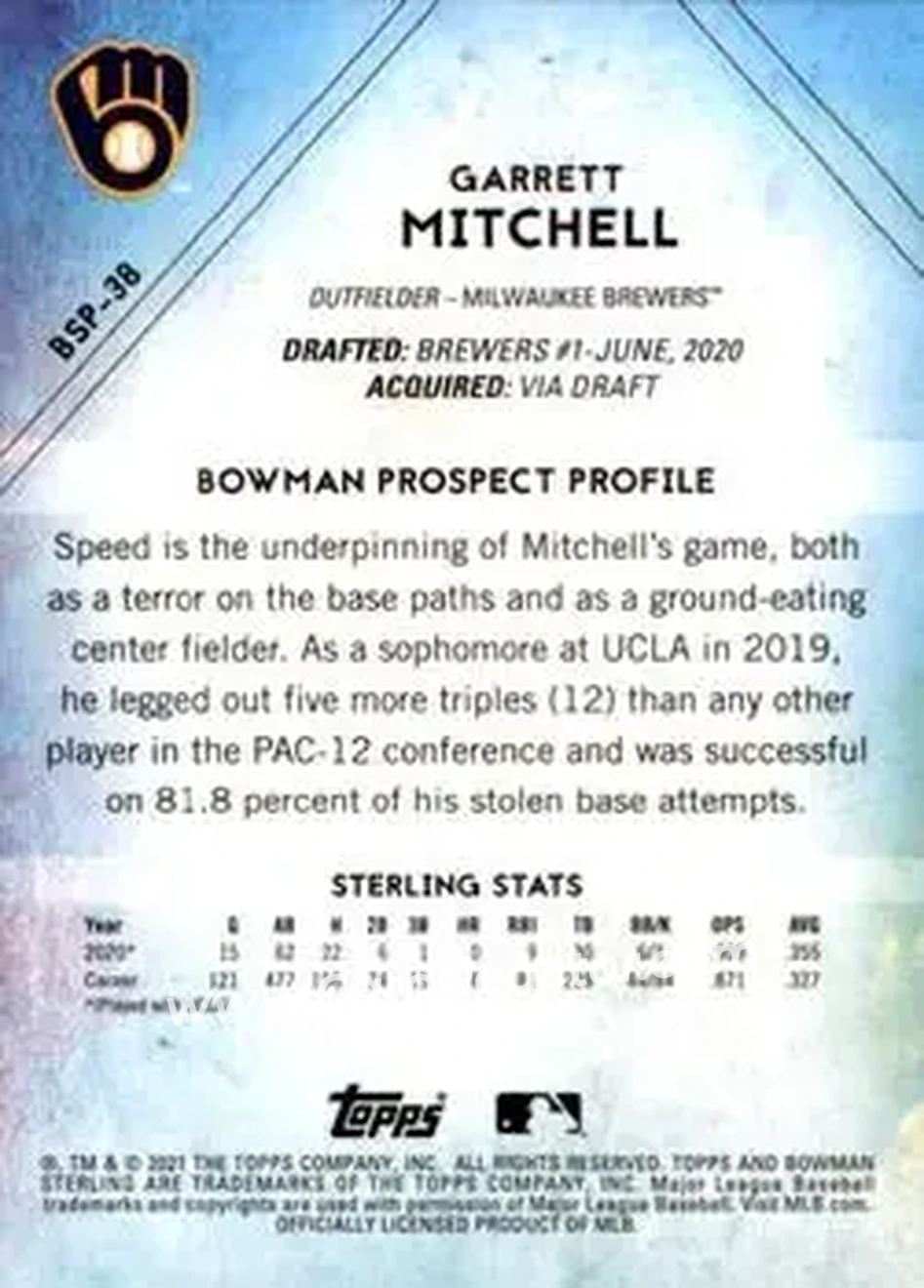 2021 Bowman Sterling #BSP-38 - Garrett Mitchell - Milwaukee Brewers - Back