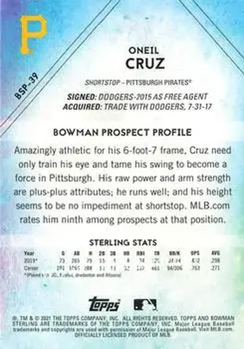 2021 Bowman Sterling #BSP-39 - Oneil Cruz - Pittsburgh Pirates - Back