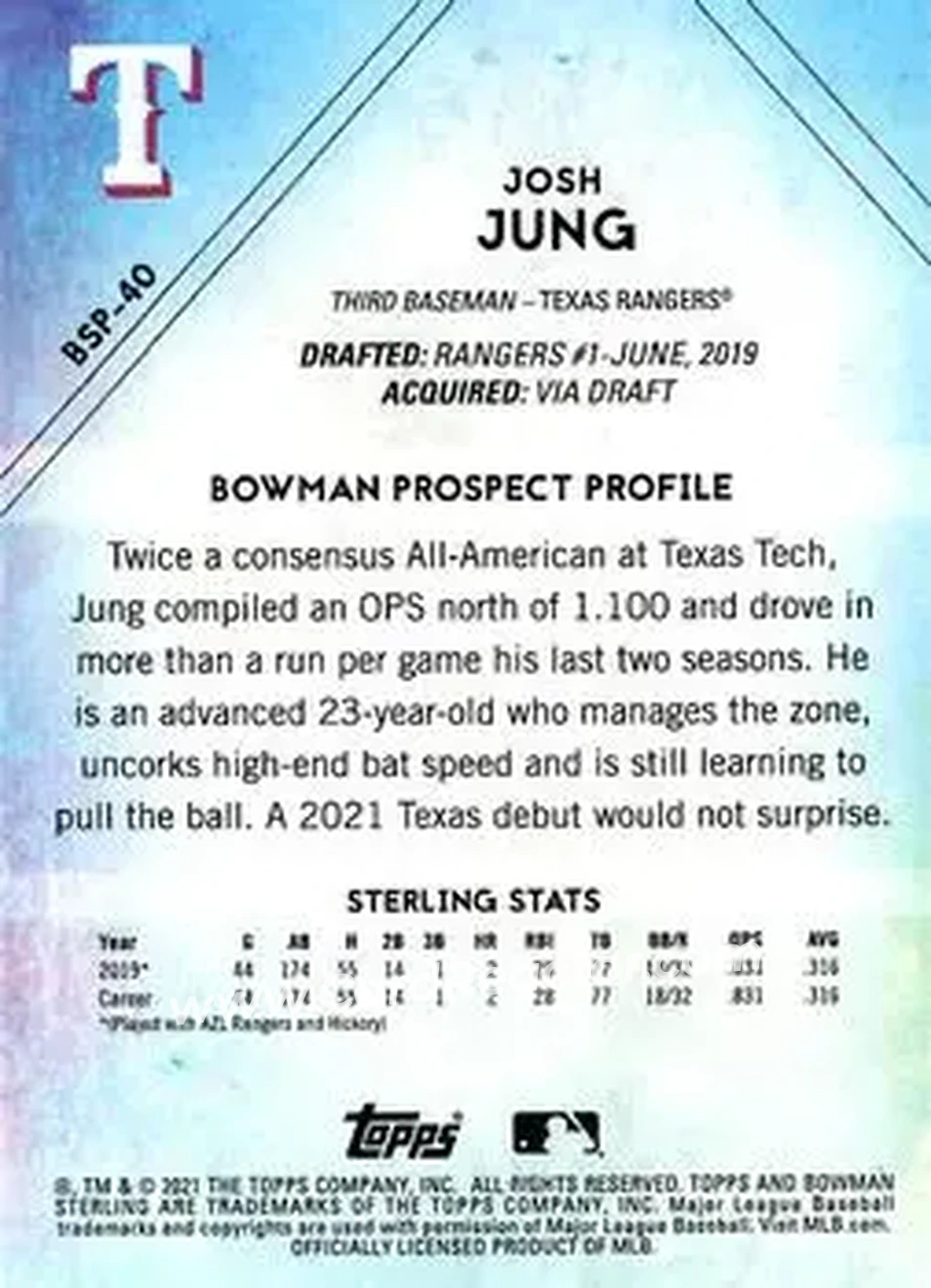 2021 Bowman Sterling #BSP-40 - Josh Jung - Texas Rangers - Back