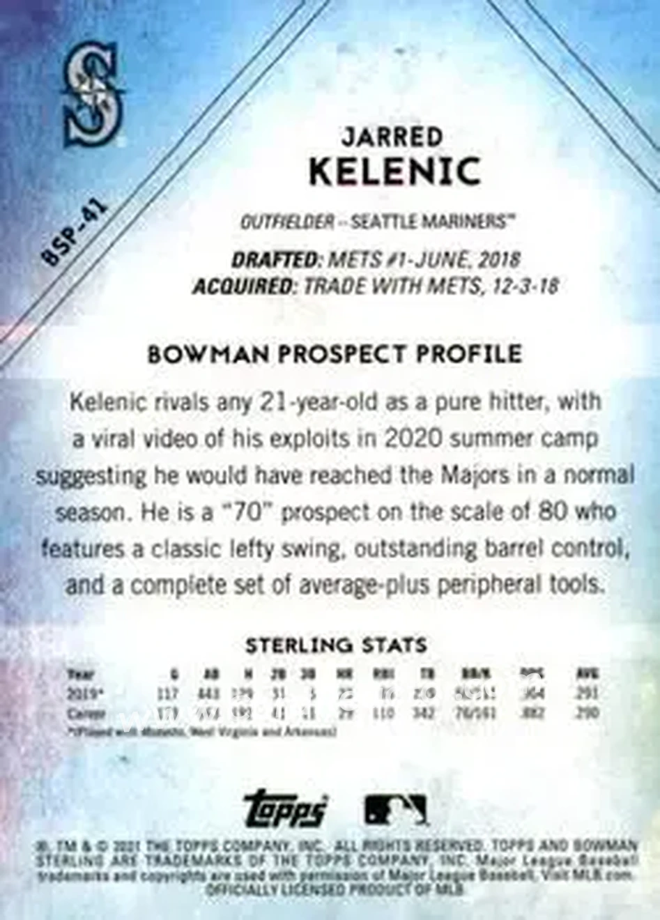 2021 Bowman Sterling #BSP-41 - Jarred Kelenic - Seattle Mariners - Back