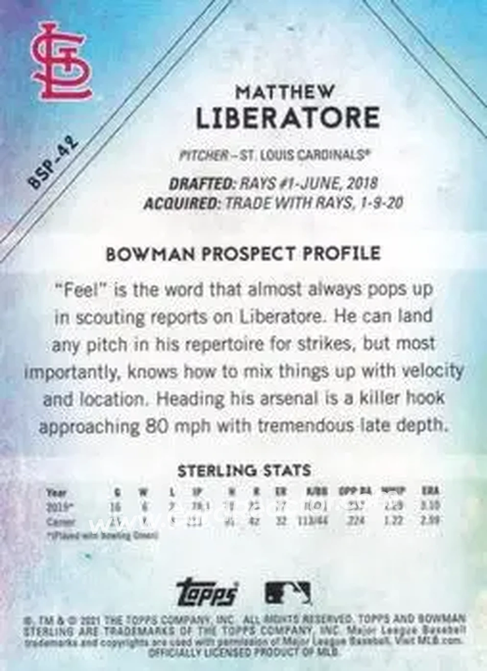 2021 Bowman Sterling #BSP-42 - Matthew Liberatore - St. Louis Cardinals - Back