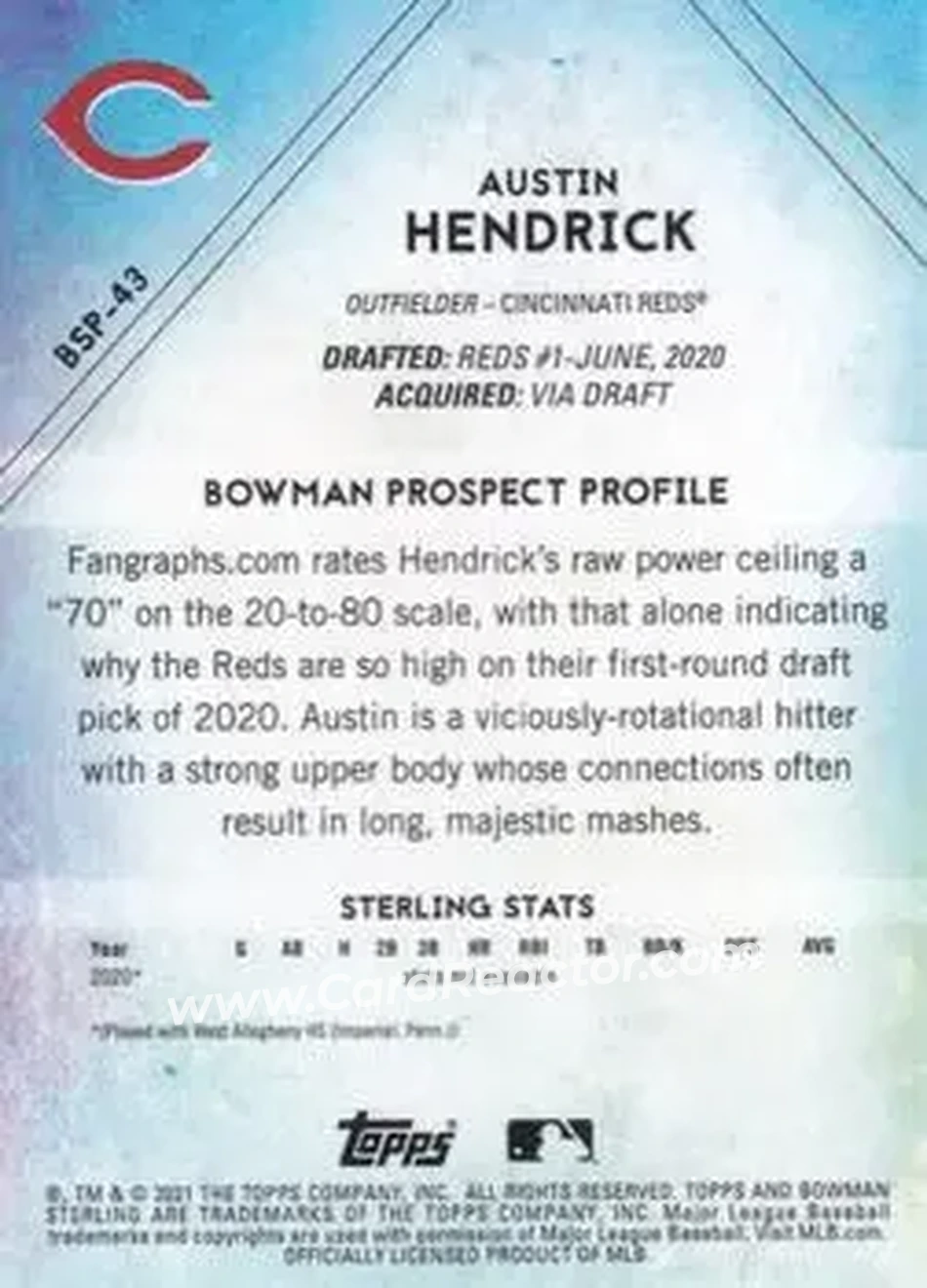 2021 Bowman Sterling #BSP-43 - Austin Hendrick - Cincinnati Reds - Back