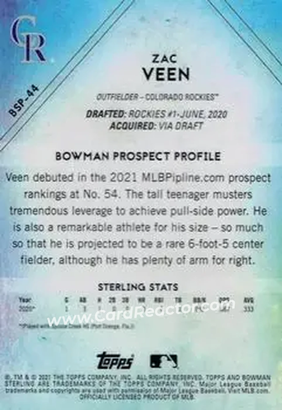 2021 Bowman Sterling #BSP-44 - Zac Veen - Colorado Rockies - Back