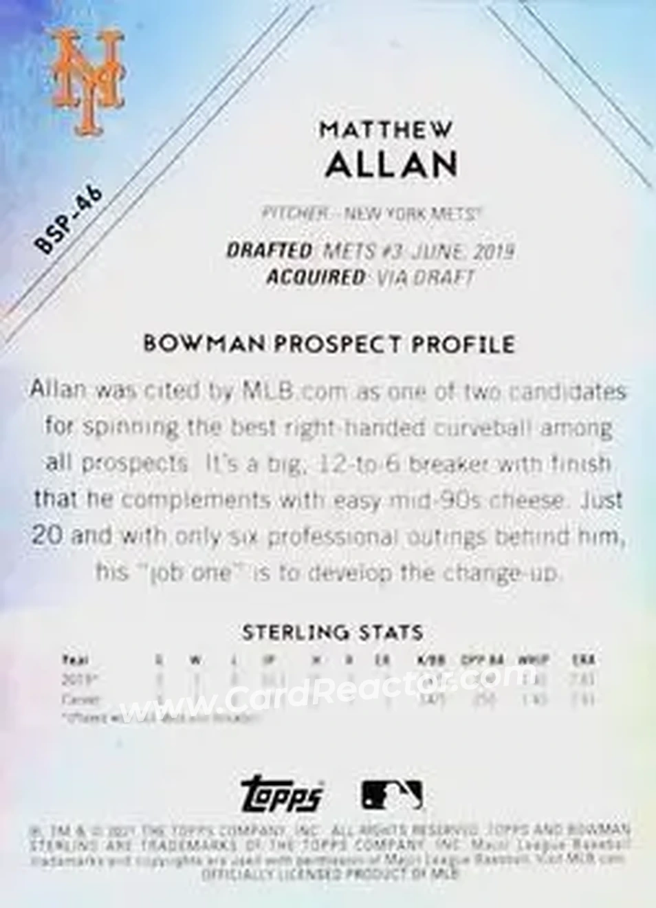 2021 Bowman Sterling #BSP-46 - Matthew Allan - New York Mets - Back