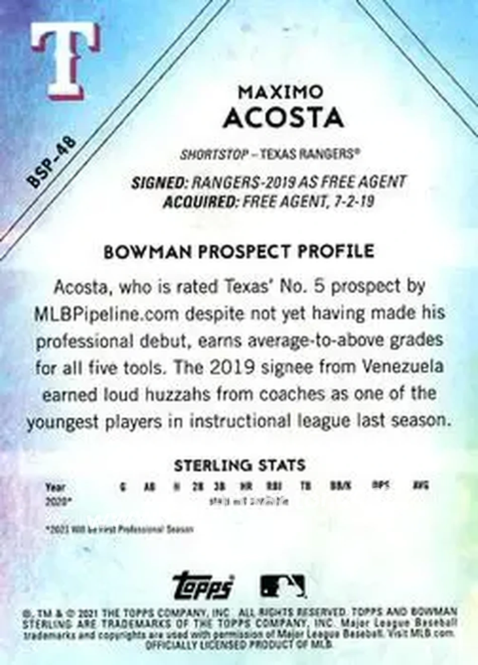 2021 Bowman Sterling #BSP-48 - Maximo Acosta - Texas Rangers - Back