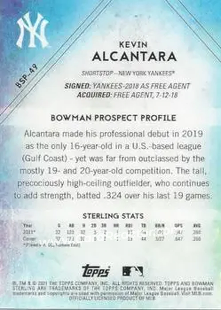 2021 Bowman Sterling #BSP-49 - Kevin Alcántara - New York Yankees - Back