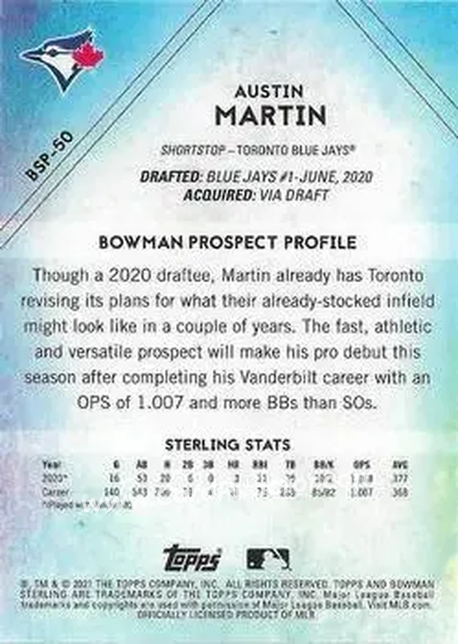 2021 Bowman Sterling #BSP-50 - Austin Martin - Toronto Blue Jays - Back 2021 Bowman Sterling #BSP-50 - Austin Martin - Toronto Blue Jays - Back