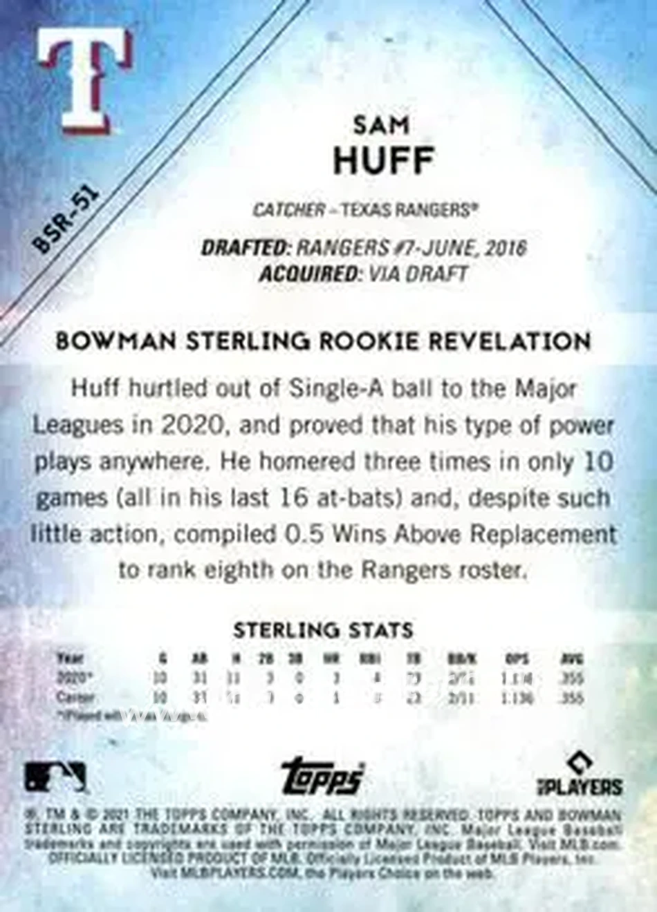 2021 Bowman Sterling #BSR-51 - Sam Huff - Texas Rangers - Back
