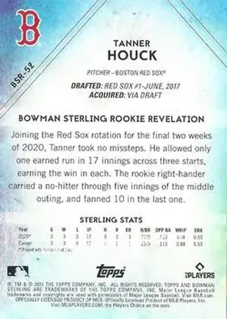 2021 Bowman Sterling #BSR-52 - Tanner Houck - Boston Red Sox - Back